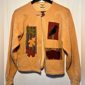 Harvest gold, fall-themed sweatshirt cardigan